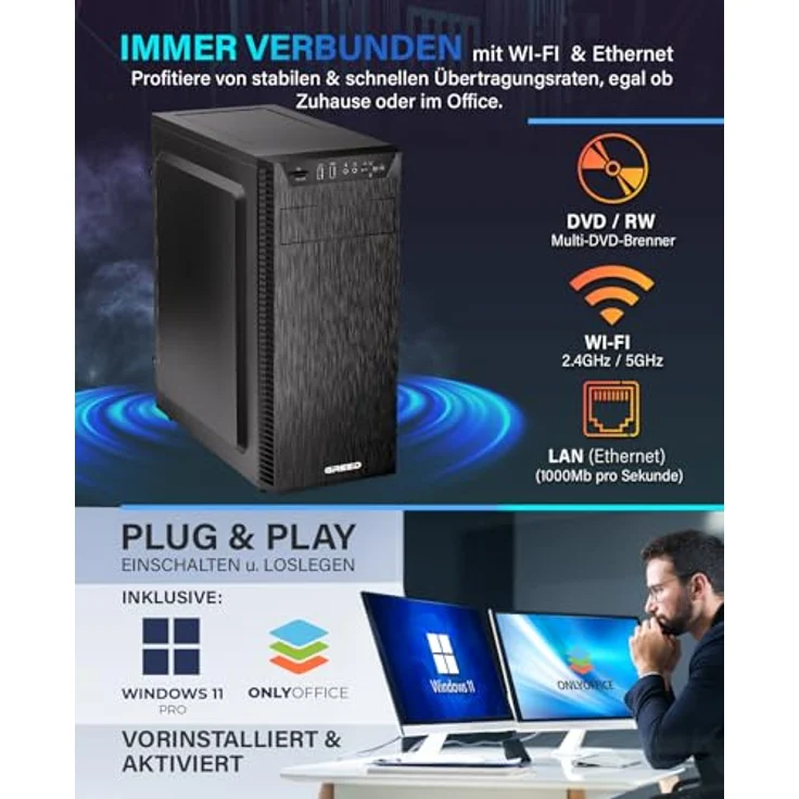 Greed Multimedia 7 - Schneller PC mit Intel Core i7, 16GB RAM, 240GB SSD + 1TB HDD, WLAN, Win11 Pro - Leiser Computer für Büro & Home Office, Silber – Bild 3