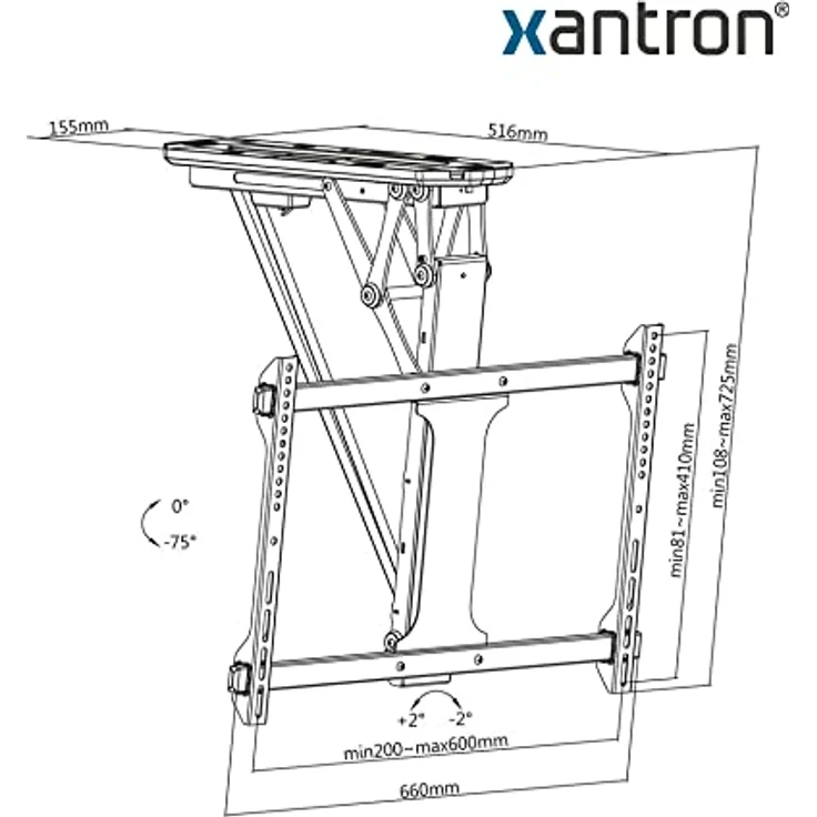 Xantron DEHA-600E elektrische TV Deckenhalterung neigbar klappbar für 32-70 Zoll, VESA bis 600x400 mm, bis 35 kg, schwarz – Bild 4