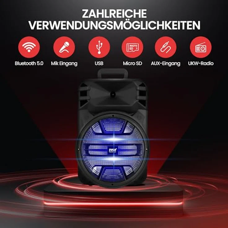 Pyle PPHP1243B, Bluetooth Musikbox mit 800W Leistung, integrierter DJ-LED-Beleuchtung, USB, MP3, SD und RCA Eingang – Bild 3