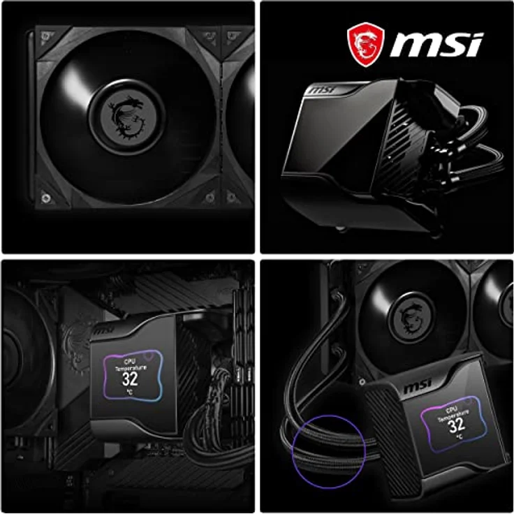 MSI MEG CORELIQUID S280 AIO CPU-Wasserkühlung, 2.4 Zoll IPS Display, 7th Gen Asetek Pumpe, VRM Lüfter, 2x Silent Gale P14 Lüfter, verdampfungssichere Schläuche, MSI Center, AMD & Intel Kompatibel – Bild 3