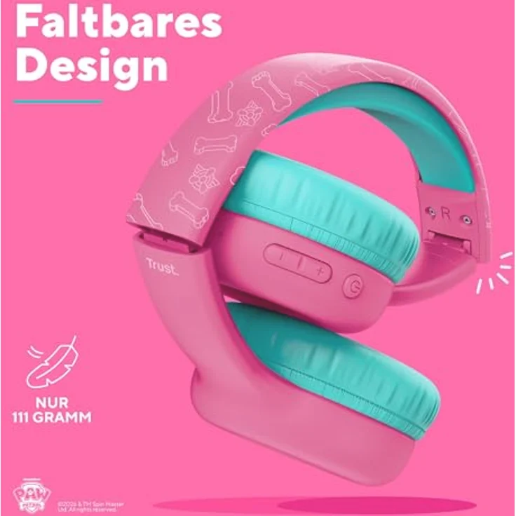 Trust Nouna Wireless Kopfhörer Paw Patrol, Rosa, faltbares Design, integrierter Lautstärkeregler, kabellos und kabelgebunden – Bild 6