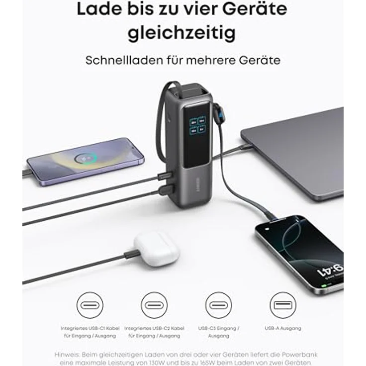 Anker Laptop Powerbank, 25.000mAh externer Akku mit 3X 100W USB-C Ports, Integriertes + einziehbares Kabel, Für iPhone 16/15, MacBook, Samsung - Schwarz – Bild 5