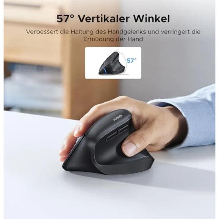 UGREEN Vertikale Ergonomische Maus, Kabellos 2.4G für Windows/Mac OS, 1000/1600/2000/4000 DPI, 6 Tasten, Schwarz – Bild 2