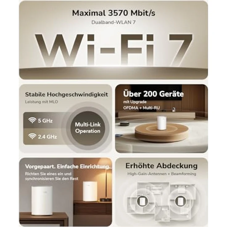 Cudy M3600 WiFi 7 Mesh System, Dual Band, 3,6 Gbit/s, Abdeckung bis zu 7000 m², 3 Gigabit-Ports, Multi-VPN-kompatibel, Cudy APP-Steuerung, 3er-Pack – Bild 2