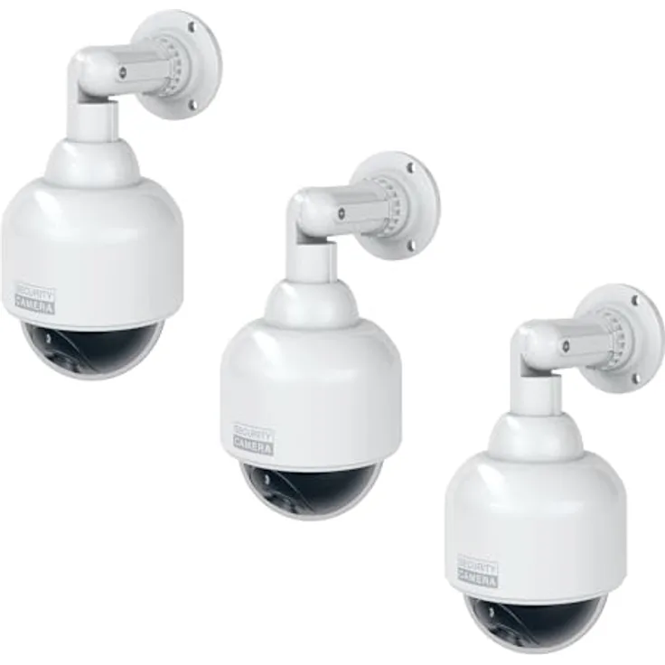 BASI Dummy Überwachungskamera, 3er Set mit rotem Blinklicht, IP23 geprüft, batteriebetrieben, Montagematerial inklusive