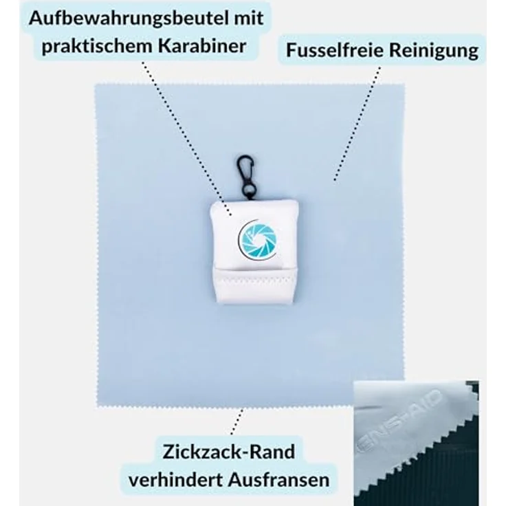 LENS-AID Mikrofaser Reinigungstuch mit Aufbewahrungsbeutel und Karabiner, für Kamera, Objektiv, Display, Notebook, Smartphone und Brillen, waschbar und fusselfrei – Bild 3