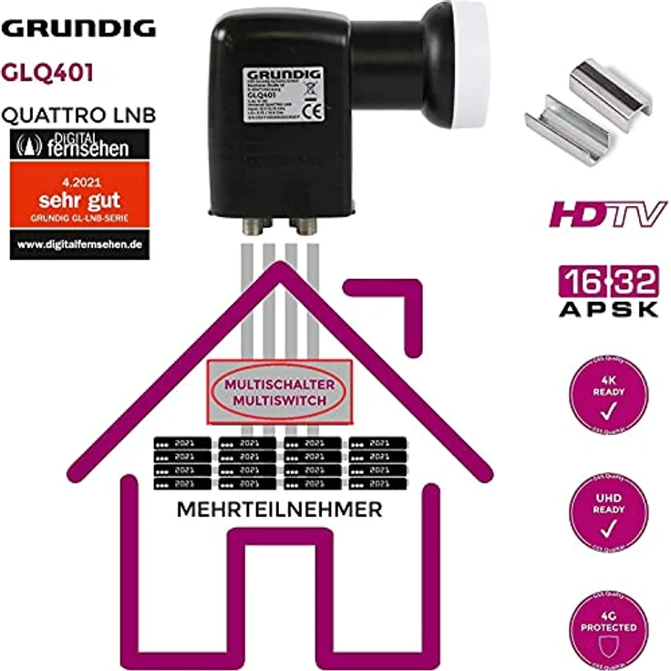 [Test SEHR GUT *] GSS Quattro LNB für Multischalter, Multiswitch geeignet - mit LTE Filter - Sat, Satelliten, Full HD, UHD 4K, 0.1dB, HDTV, Wetterschutzkappe, kälte- & hitzebeständig + Aufdrehhilfe – Bild 3