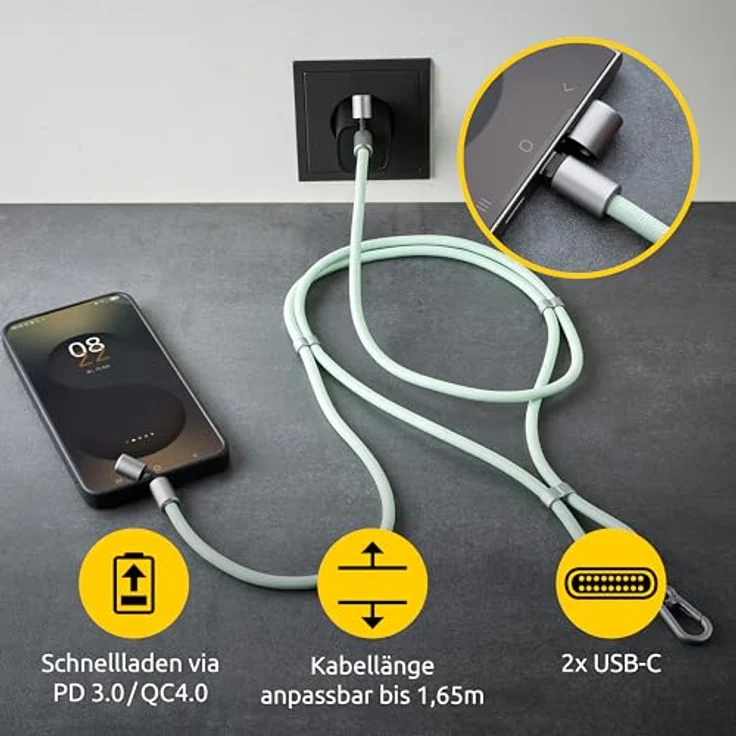Intenso USB-C Lade- und Datenkabel Handykette, 60W, PD3.0 QC4.0, 1,65 m, größenverstellbar, grün – Bild 4