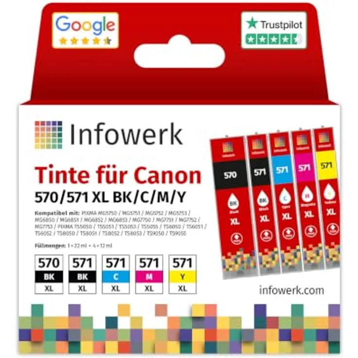 Infowerk Tintenpatrone PGI 570 XL / CLI 571 XL, 7-tlg. Set mit 4 Farben (Schwarz, Cyan, Magenta, Gelb) für höchste Druckqualität