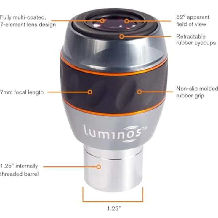 Celestron Ocular Luminos 1.25´´ 7 mm Mikroskoplinse, 82° Sichtfeld, komplett mehrfachvergütet, Silber – Bild 3