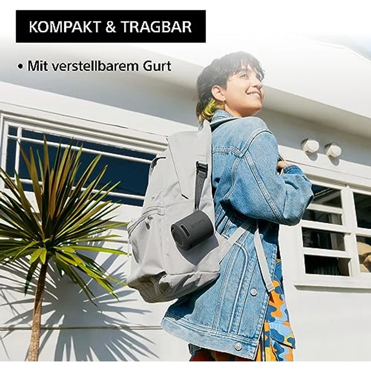 Sony SRS-XB100 - Kabelloser Bluetooth-Lautsprecher, tragbar, leicht, kompakt, Outdoor, Reise-Lautsprecher, langlebig, IP67 wasser- und staubdicht, 16 Std Akku, Trageriemen, Freisprechfunktion, Schwarz – Bild 4