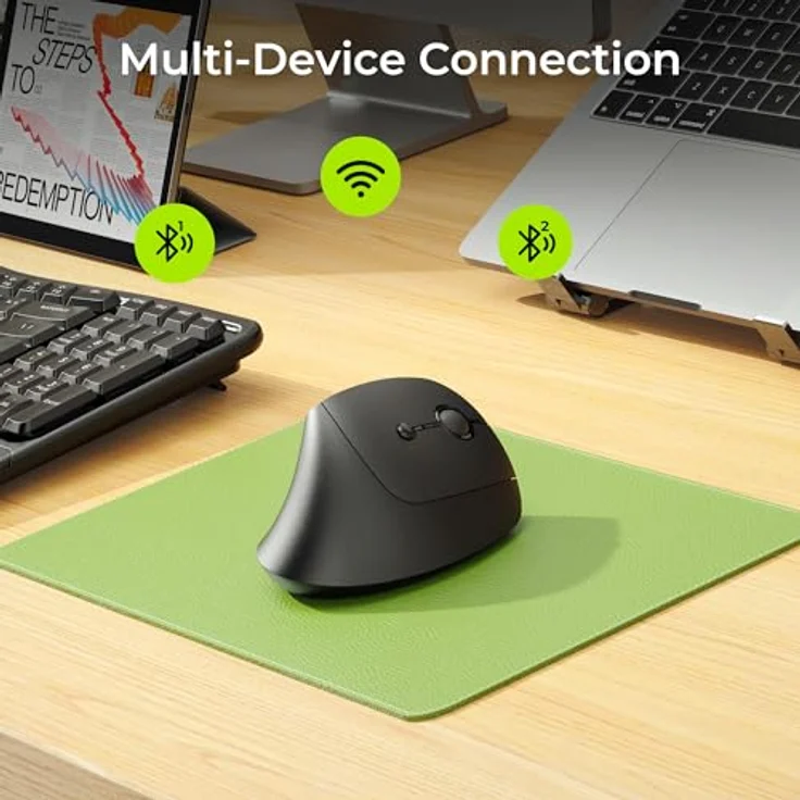 seenda MOU200 Ergonomische Vertikale Maus, Kabellos via USB + Dual-Bluetooth, Multi-Device Wireless Mouse für bis zu 3 Geräte, Schwarz – Bild 2