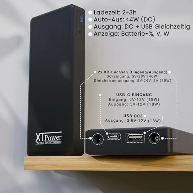 XTPower® PowerBank XT-40000DC-PA, 40000mAh Hochkapazitäts-Powerbank mit LED-Anzeige, 80W DC, USB QC3-Anschluss, Schnellladung, gleichzeitiges Laden & Entladen, kompakt und leicht – Bild 2