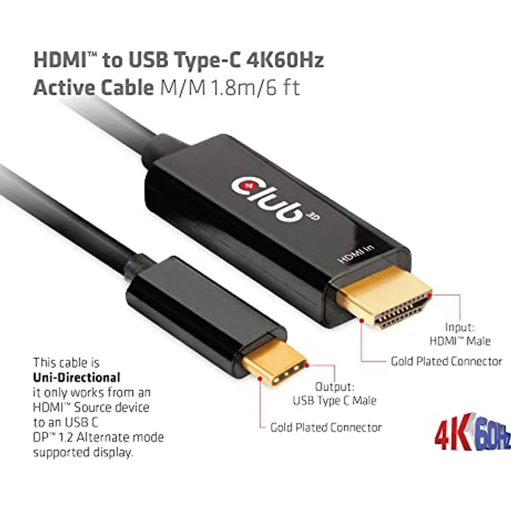Club 3D HDMI™ auf USB-Typ-C 4K60Hz aktives Kabel Schwarz 1,8m – Bild 5