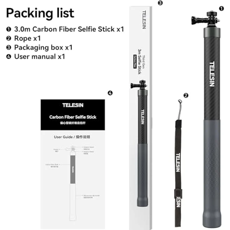 Telesin GP-MNP-300-3, Selfie Stick / Tripod aus Carbonfaser, 3m Höhe, leicht und stabil, kompatibel mit Kameras und Smartphones – Bild 8