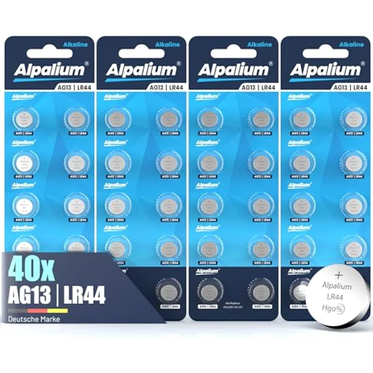 Alpalium AG13 LR44 Knopfzellen, 40 Stück langlebige Alkaline Batterien für Uhren, Taschenrechner, Spielzeug, Laserpointer und mehr – Bild 1