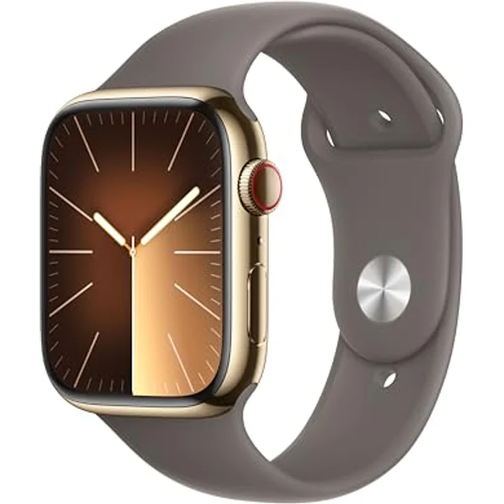 Apple Watch Series 9 GPS + Cellular, 45 mm Edelstahlgehäuse Gold, Sportarmband Tonbraun – M/L – Bild 1