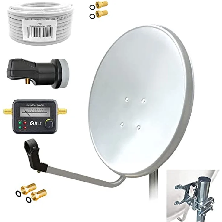 ARLI 60cm HD SAT Anlage, lichtgraue Satellitenantenne mit Single LNB, 20m Koaxialkabel, Satfinder und 2 vergoldeten F-Steckern – Bild 1