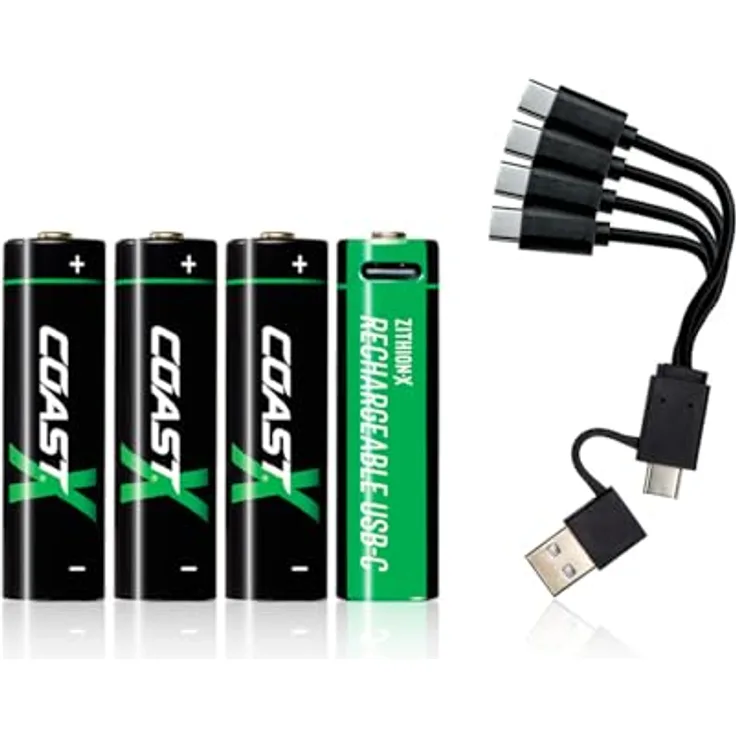 Coast ZXAA 1,5V USB-C Akkus, 2400 mAh, Lädt in 2,5 Stunden, Langlebig, 4er-Pack, ZITHION-X, Lithium-Ionen