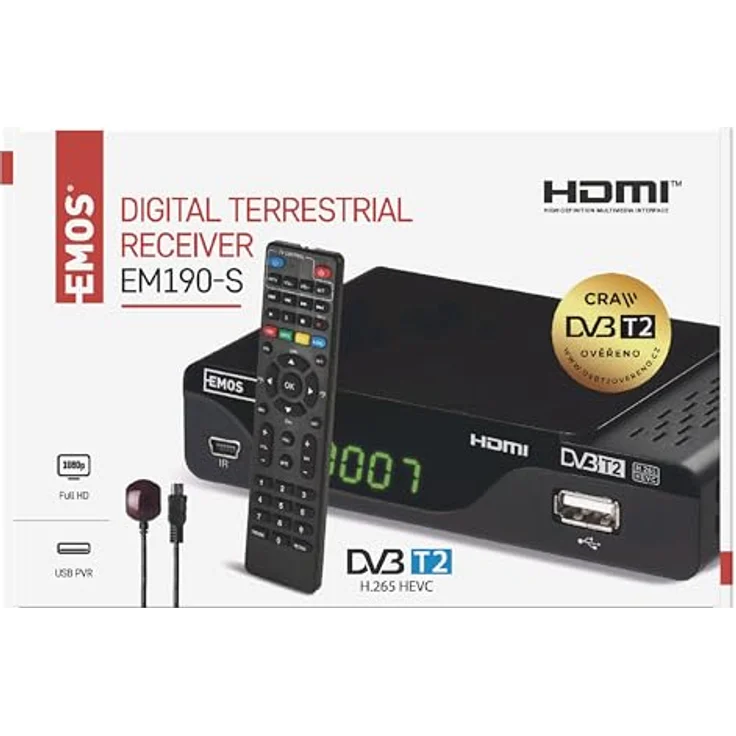 EMOS DVB-T2 HD Receiver H.265 HEVC, Full HD mit USB, HDMI, SCART, PVR, Mediaplayer und EPG Funktion, Infrarot-Sensor, 1080p – Bild 2