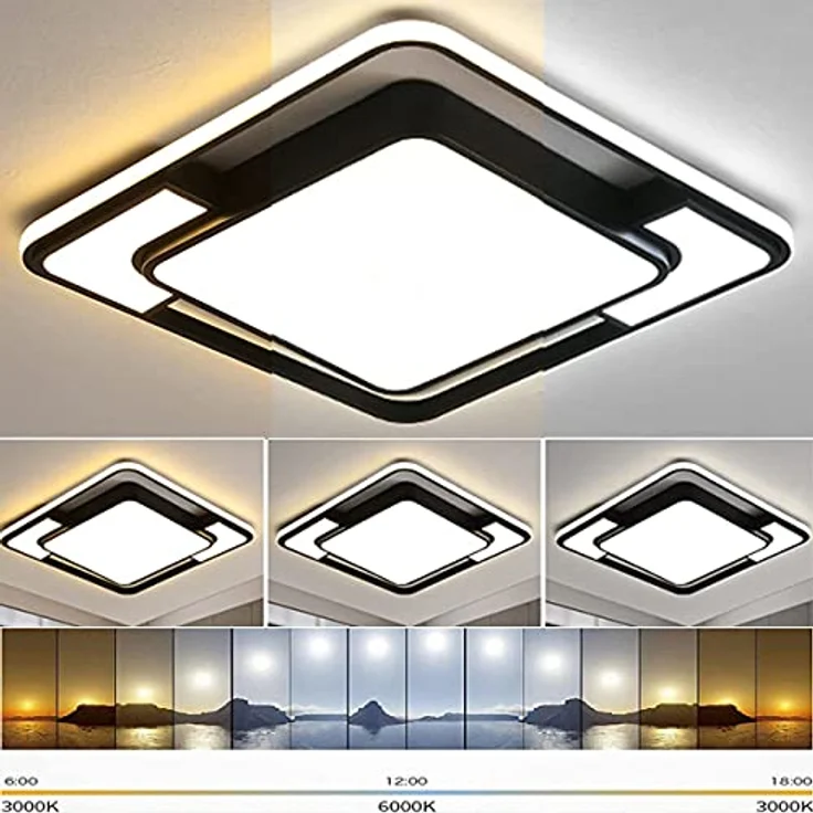 Style home Deckenleuchte LED Deckenlampe 90W, dimmbar mit Fernbedienung, 42 * 42 * 6cm, Schwarz – Bild 2