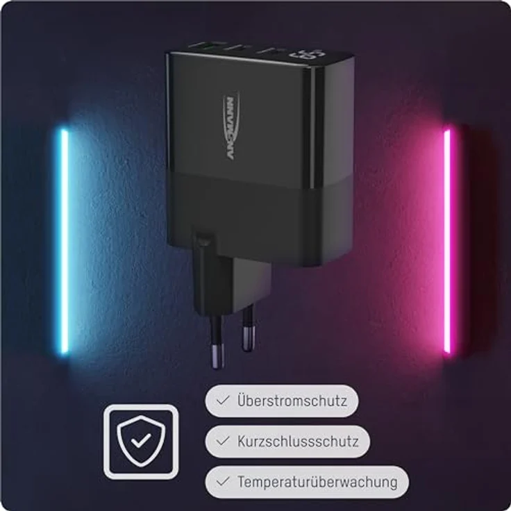 ANSMANN 3-Port USB Ladegerät mit bis zu 65 W/Power Delivery und Quick Charge 3.0, Smart IC Technologie, Displayanzeige - Schwarz – Bild 3