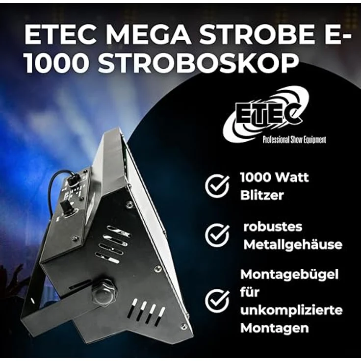 ETEC Mega Strobe E-1000, 1000W Stroboskop Blitzer mit einstellbarer Blinkfrequenz für DJ Equipment und Bühnenbeleuchtung – Bild 3
