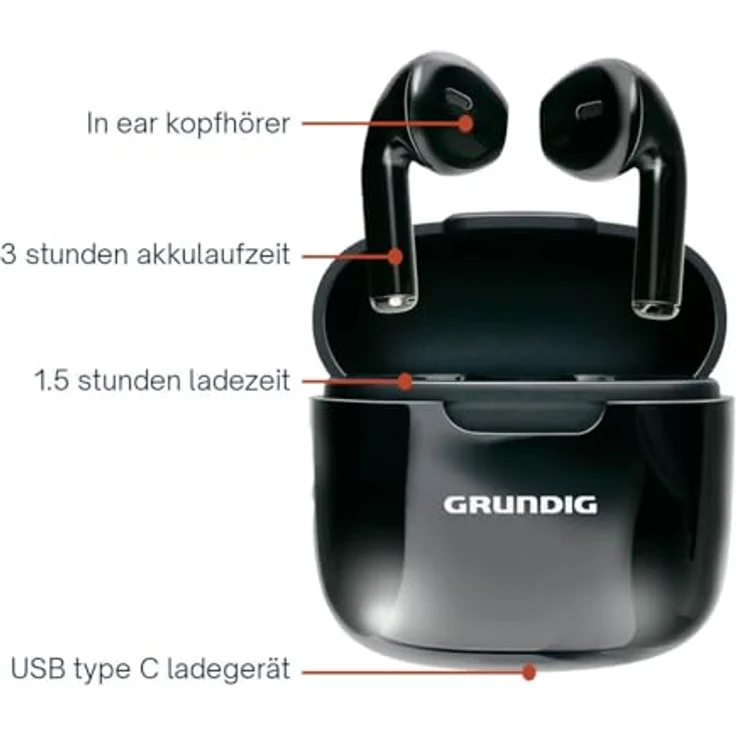 Grundig In Ear Bluetooth Kopfhörer, kabellose Earbuds mit 3 Stunden Wiedergabezeit, inkl. Ladeetui und USBC-Ladekabel – Bild 3