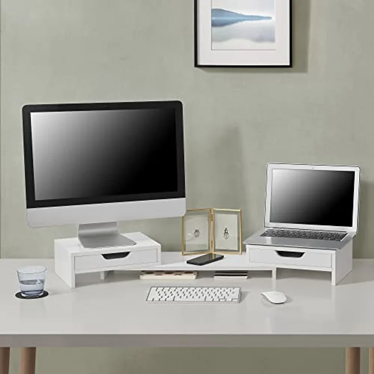 en.casa Marttila Monitorständer, Monitorerhöhung mit 2 Schubladen, 60x22x11cm, Weiß, ergonomische Bildschirmpositionierung, Platzsparend – Bild 1
