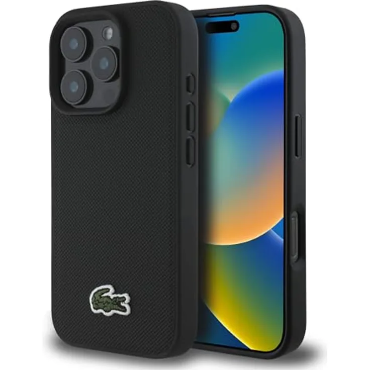Lacoste Iconic Petit Pique Smartphone-Hülle für Apple iPhone 16 Pro Max, Schwarz, mit MagSafe-Kompatibilität und robustem Schutz