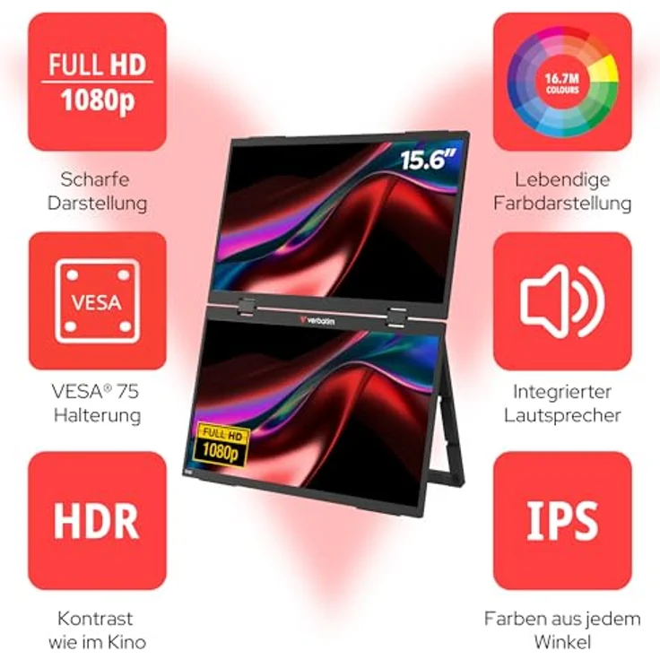 Verbatim Dual Portable Monitor 15,6", mobiler Full HD Bildschirm aus Kunststoff mit 2x USB-C und HDMI-Anschluss für Laptop, Tablet, Smartphone, PS5, Nintendo Switch – Bild 3