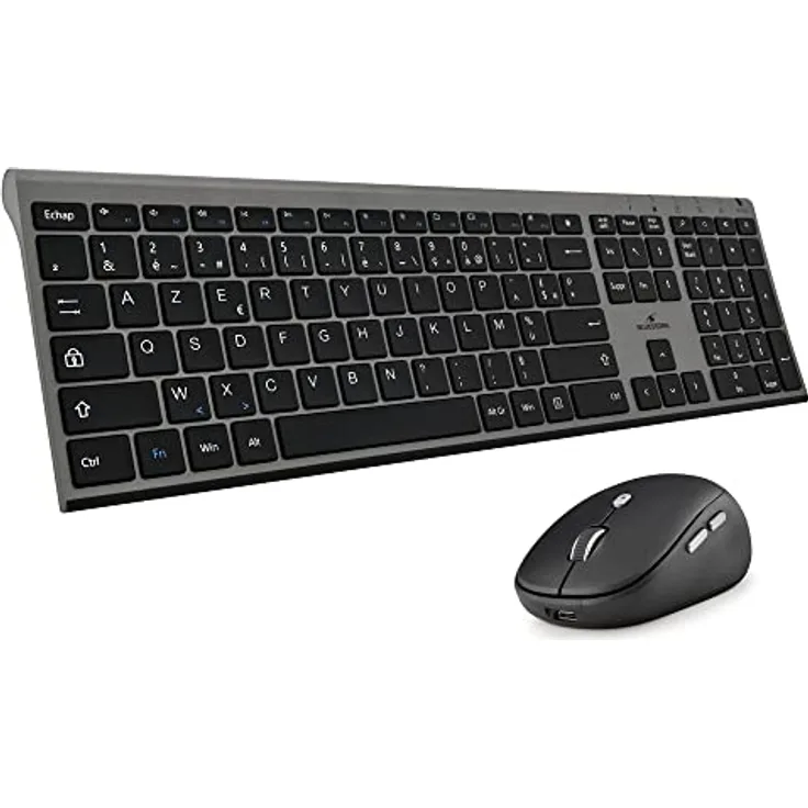 BlueStork - Set Tastatur und Maus kabellos Grapheme – kabellos mit Smart Dongle – leise Klicks – ultradünnes Design – ergonomisch – wiederaufladbar – Grau – AZERTY FR