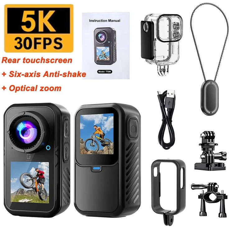 Exlene 5K-Daumen-Actionkamera, 4K mit 60 fps, WLAN, 6-Achsen-Bildstabilisierung, wasserdicht, Touchscreen, magnetisch, für Motorrad und Fahrrad, 128 GB Speicher