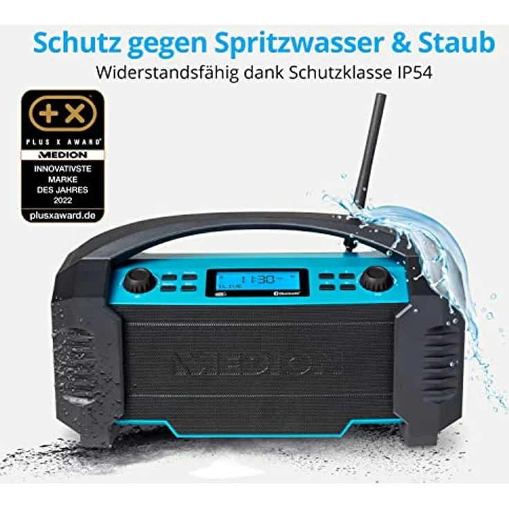 MEDION E66050 DAB+ Baustellenradio (Integrierter Akku, IP54 Schutz gegen Spritzwasser & Staub, USB-Ladefunktion, Bluetooth 5.0, PLL UKW Radio, LED-Arbeitslicht, Akku- oder Netzbetrieb) blau – Bild 2