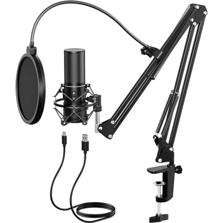 TONOR Q9 USB Podcast Mikrofon, Gaming PC Studio Streaming Mic Kit mit 200 cm Kabel, Arm Stand und Pop-Filter, Kondensator-Mikrofon für PS4/5/Discord/Twitch und YouTube