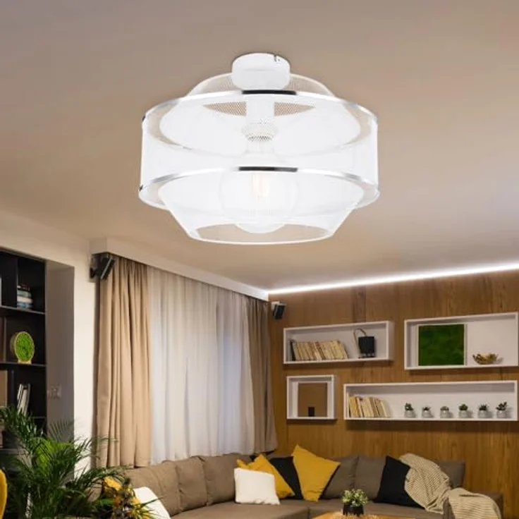Globo Deckenleuchte Drahtgeflecht Esszimmer Designlampe Deckenlampe, 1 flammig mit zwei Chromringen in Gitteroptik, Metall Käfig weiß, E27 Fassung, 27,5x12x21,5 cm – Bild 2
