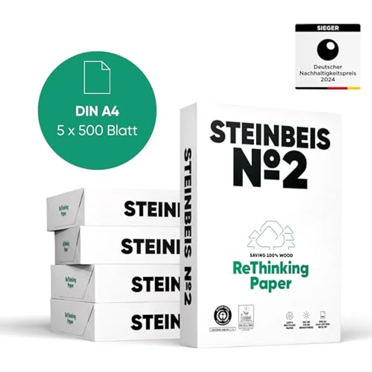 Steinbeis No. 2 Druckerpapier – DIN A4 Recycling-Papier 80 g/m², Weiß & Chlorfrei, 2500 (5 x 500) Blatt hochwertiges Kopierpapier ISO 80 / CIE 85 – Bild 2