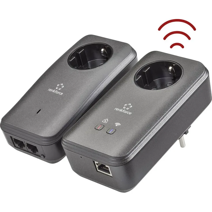Renkforce PL600D WiFi Powerline WLAN Starter Kit, 500 MBit/s, integrierte Steckdose, LAN-Anschluss für Smart-TV und Spielekonsole