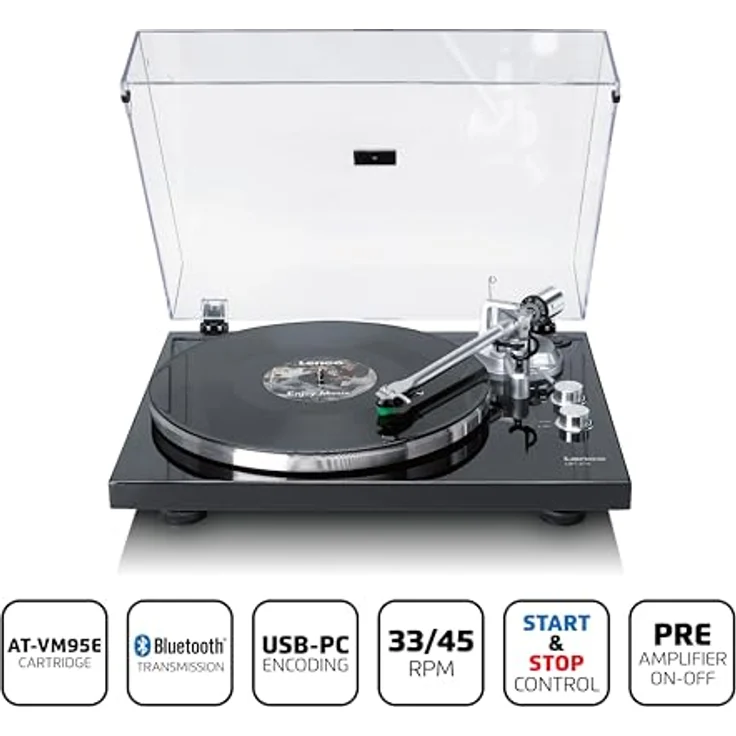 Lenco LBT-215BK - Plattenspieler mit Bluetooth® und einem Metall-Plattenteller, Tonarm und Gegengewicht - Piano Black – Bild 2