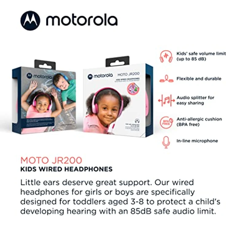 Motorola Sound MOTO JR200, Kinder Kopfhörer mit Kabel, Lautstärkebegrenzung 85 dB, Audio Splitter, BPA-frei, ab 3 Jahren, Rosa – Bild 2
