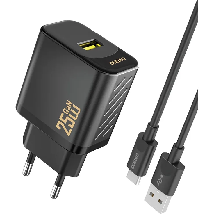 Dudao A27STEU, 25W GaN Netzladegerät mit USB-A, 1m USB-A/USB-C Kabel, rutschfeste Oberfläche, 9-fach Schutzsystem