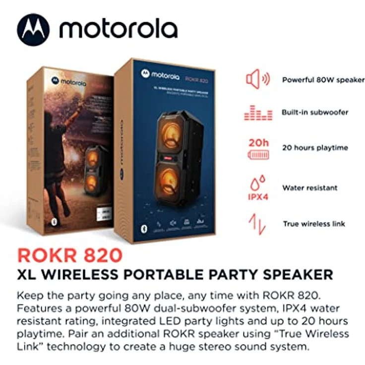 Motorola Sound Bluetooth Lautsprecher - ROKR 820-80W - Kabellos - mit LED-Leuchten - True Wireless Technology - inkl. Karaoke-Mikrofon - bis zu 20 Stunden Spielzeit - mehrere Eingänge: AUX/USB/MIC – Bild 2