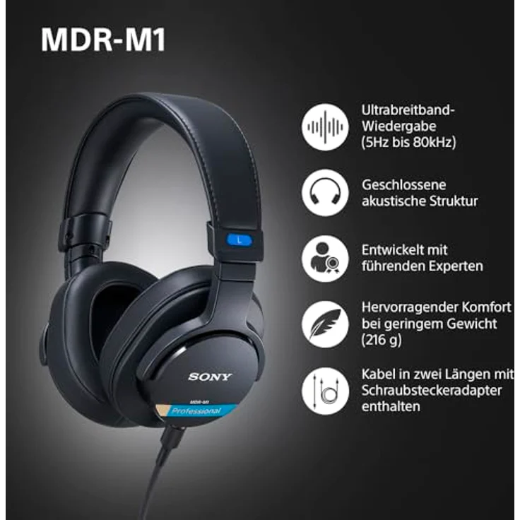 Sony MDR-M1 Studio-Kopfhörer mit geschlossenem Rücken - kabelgebunden, Ultra-Breitband-Wiedergabe (5Hz-80kHz), leicht (216g), 2 abnehmbare Kabel, schwarz – Bild 2