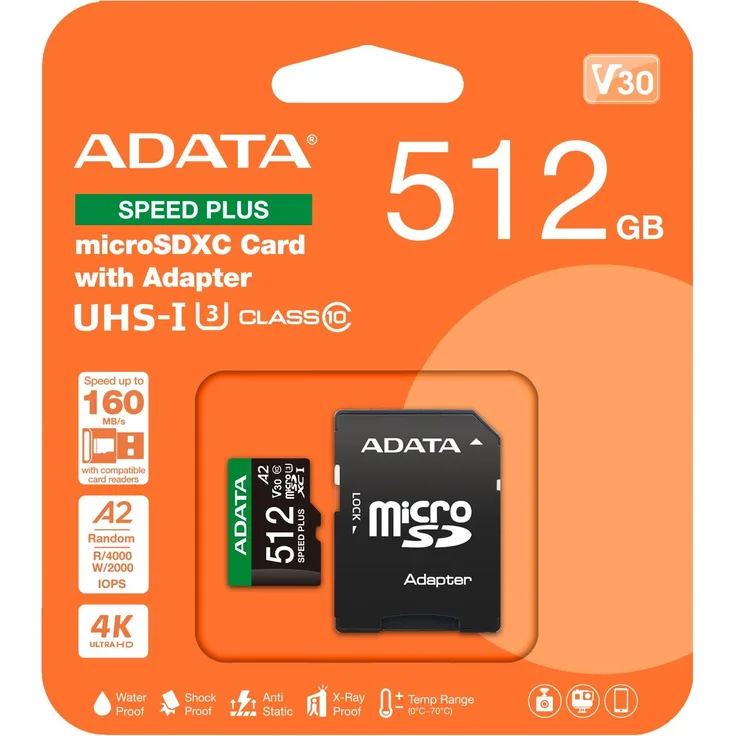 ADATA 512GB MicroSDXC UHS-I U3 V30 Speicherkarte, bis zu 180 MB/s, schwarz