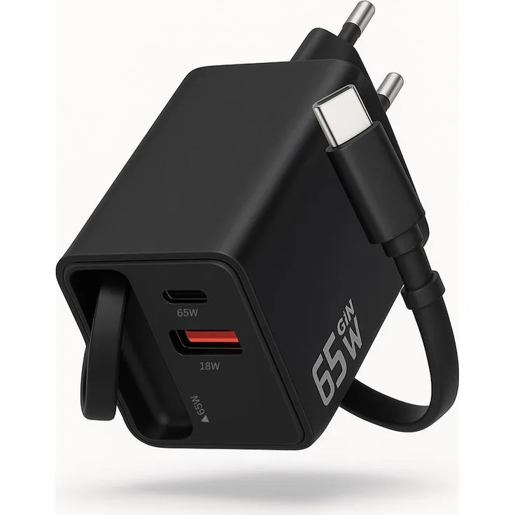 Marco Kuhn 65W USB-C Schnellladegerät, PD Fast Charger mit ausziehbarem Kabel und USB-C & USB-A Ports, Weiß