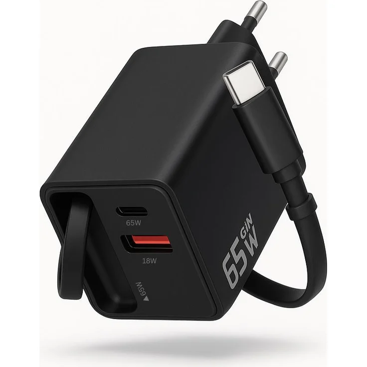 Marco Kuhn 65W USB-C Schnellladegerät, PD Fast Charger mit ausziehbarem Kabel und USB-C & USB-A Ports, Weiß