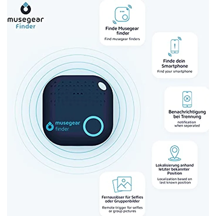 musegear Schlüsselfinder mit Bluetooth App aus Deutschland I 3er Pack bunt | dunkelblau, orange, hellblau I Maximaler Datenschutz – Bild 3