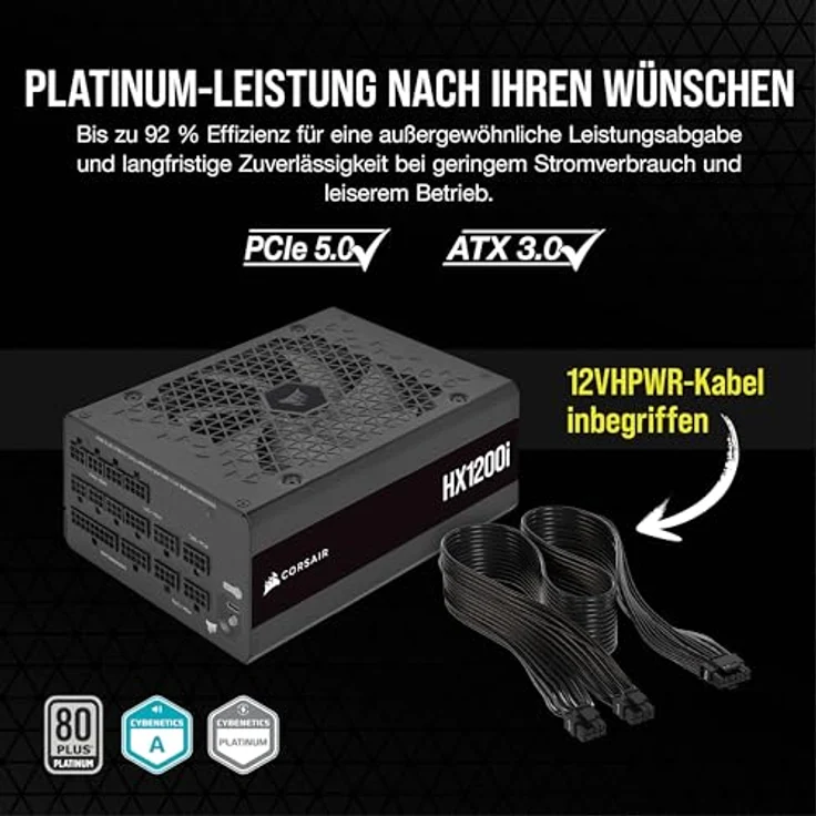 CORSAIR HX1200i Vollmodulares Extrem Geräuscharmes ATX-Netzteil - ATX 3.0 und PCIe 5.0-kompatibel - CORSAIR iCUE Software-Kompatibel - 80 Plus Platinum-Effizienz - Schwarz – Bild 3