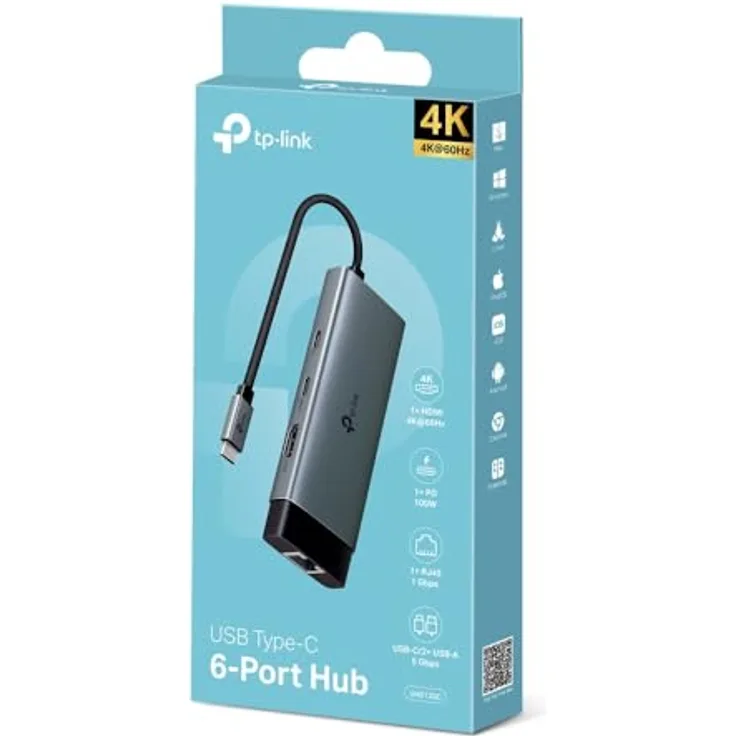 TP-Link UH6120C USB Typ-C 6-Port Hub mit 4K HDMI, 1G Ethernet, 100W Power Delivery, 2x USB-A 5 Gbit/s, schwarz