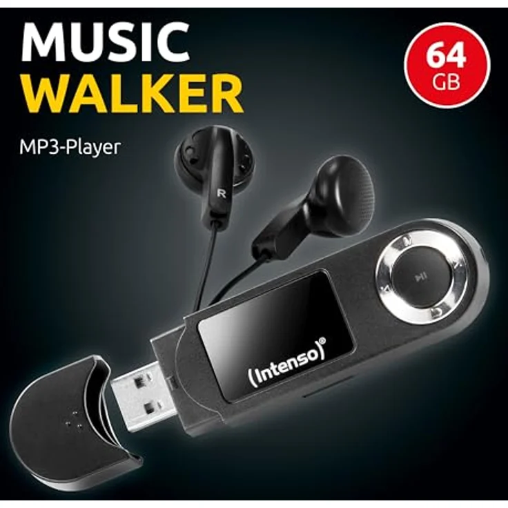 Intenso Music Walker MP3 Player 64 GB, tragbar mit LCD-Display, microSD-Karte, USB 2.0, AAA-Batterie und Kopfhörern, schwarz – Bild 2